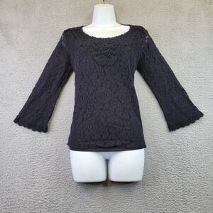 Style&Co Women's Shirt Size Small Black Floral Lace Blouse Stretchy Bell Sleeves